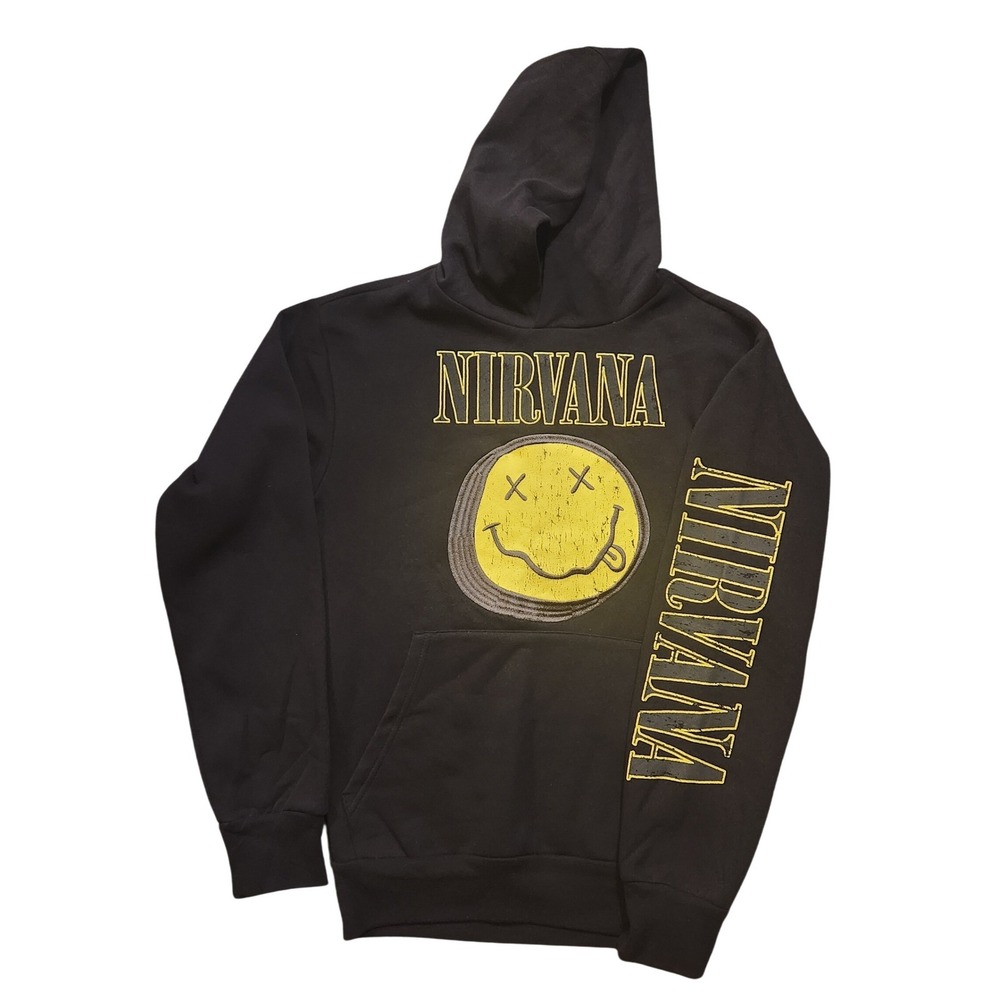 Nirvana Smiley Face Graphic Hoodie Black Mens XS Pullover Sweatshirt 2023 Logo